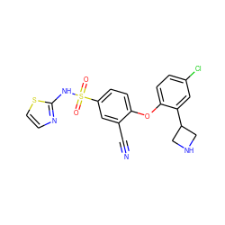 N#Cc1cc(S(=O)(=O)Nc2nccs2)ccc1Oc1ccc(Cl)cc1C1CNC1 ZINC000095583515