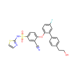 N#Cc1cc(S(=O)(=O)Nc2nccs2)ccc1Oc1ccc(F)cc1-c1ccc(CCO)cc1 ZINC000095584719