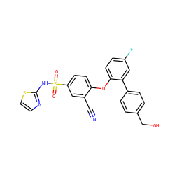 N#Cc1cc(S(=O)(=O)Nc2nccs2)ccc1Oc1ccc(F)cc1-c1ccc(CO)cc1 ZINC000095585491