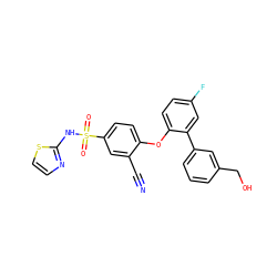 N#Cc1cc(S(=O)(=O)Nc2nccs2)ccc1Oc1ccc(F)cc1-c1cccc(CO)c1 ZINC000095585230