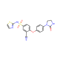 N#Cc1cc(S(=O)(=O)Nc2nccs2)ccc1Oc1ccc(N2CCNC2=O)cc1 ZINC000095583865