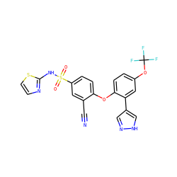 N#Cc1cc(S(=O)(=O)Nc2nccs2)ccc1Oc1ccc(OC(F)(F)F)cc1-c1cn[nH]c1 ZINC000095582650