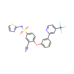 N#Cc1cc(S(=O)(=O)Nc2nccs2)ccc1Oc1cccc(-c2cc(C(F)(F)F)ccn2)c1 ZINC000095585231