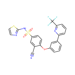 N#Cc1cc(S(=O)(=O)Nc2nccs2)ccc1Oc1cccc(-c2cccc(C(F)(F)F)n2)c1 ZINC000095584638