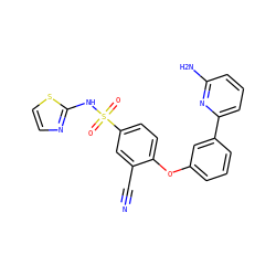 N#Cc1cc(S(=O)(=O)Nc2nccs2)ccc1Oc1cccc(-c2cccc(N)n2)c1 ZINC000095580919
