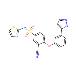 N#Cc1cc(S(=O)(=O)Nc2nccs2)ccc1Oc1cccc(-c2ccn[nH]2)c1 ZINC000095583215