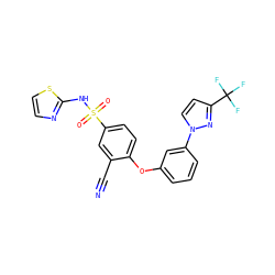 N#Cc1cc(S(=O)(=O)Nc2nccs2)ccc1Oc1cccc(-n2ccc(C(F)(F)F)n2)c1 ZINC000095585695