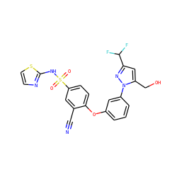 N#Cc1cc(S(=O)(=O)Nc2nccs2)ccc1Oc1cccc(-n2nc(C(F)F)cc2CO)c1 ZINC000095583990
