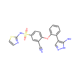 N#Cc1cc(S(=O)(=O)Nc2nccs2)ccc1Oc1ccccc1-c1cn[nH]c1N ZINC000095583124