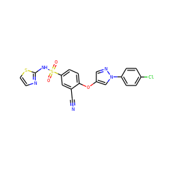 N#Cc1cc(S(=O)(=O)Nc2nccs2)ccc1Oc1cnn(-c2ccc(Cl)cc2)c1 ZINC000095582614