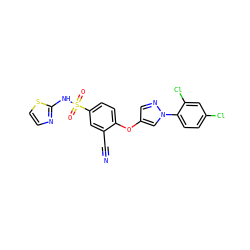 N#Cc1cc(S(=O)(=O)Nc2nccs2)ccc1Oc1cnn(-c2ccc(Cl)cc2Cl)c1 ZINC000095585563