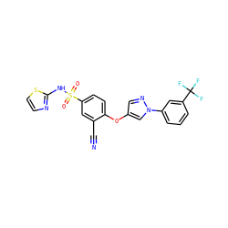 N#Cc1cc(S(=O)(=O)Nc2nccs2)ccc1Oc1cnn(-c2cccc(C(F)(F)F)c2)c1 ZINC000095582549