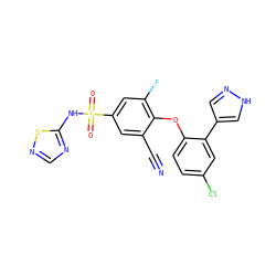 N#Cc1cc(S(=O)(=O)Nc2ncns2)cc(F)c1Oc1ccc(Cl)cc1-c1cn[nH]c1 ZINC000095584424