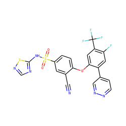 N#Cc1cc(S(=O)(=O)Nc2ncns2)ccc1Oc1cc(C(F)(F)F)c(F)cc1-c1ccnnc1 ZINC000095585843