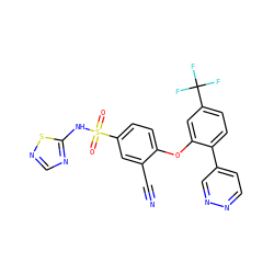 N#Cc1cc(S(=O)(=O)Nc2ncns2)ccc1Oc1cc(C(F)(F)F)ccc1-c1ccnnc1 ZINC000095582904