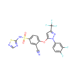 N#Cc1cc(S(=O)(=O)Nc2ncns2)ccc1Oc1cc(C(F)(F)F)nn1-c1ccc(F)c(F)c1 ZINC000095582411