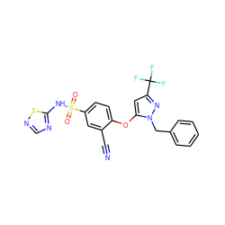N#Cc1cc(S(=O)(=O)Nc2ncns2)ccc1Oc1cc(C(F)(F)F)nn1Cc1ccccc1 ZINC000095583325