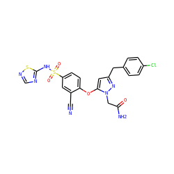 N#Cc1cc(S(=O)(=O)Nc2ncns2)ccc1Oc1cc(Cc2ccc(Cl)cc2)nn1CC(N)=O ZINC000095584471