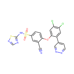 N#Cc1cc(S(=O)(=O)Nc2ncns2)ccc1Oc1cc(Cl)c(Cl)cc1-c1ccnnc1 ZINC000095585092