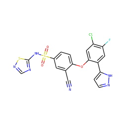 N#Cc1cc(S(=O)(=O)Nc2ncns2)ccc1Oc1cc(Cl)c(F)cc1-c1ccn[nH]1 ZINC000095585567