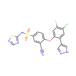 N#Cc1cc(S(=O)(=O)Nc2ncns2)ccc1Oc1cc(F)c(Cl)cc1-c1cn[nH]c1 ZINC000095581696