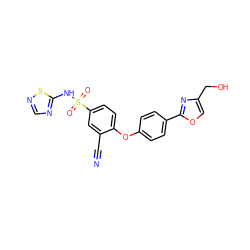 N#Cc1cc(S(=O)(=O)Nc2ncns2)ccc1Oc1ccc(-c2nc(CO)co2)cc1 ZINC000095582922