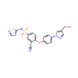 N#Cc1cc(S(=O)(=O)Nc2ncns2)ccc1Oc1ccc(-n2cc(CO)cn2)cc1 ZINC000095580758
