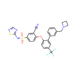 N#Cc1cc(S(=O)(=O)Nc2ncns2)ccc1Oc1ccc(C(F)(F)F)cc1-c1cccc(CN2CCC2)c1 ZINC000095584946