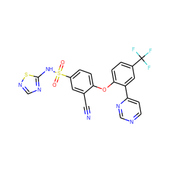 N#Cc1cc(S(=O)(=O)Nc2ncns2)ccc1Oc1ccc(C(F)(F)F)cc1-c1ccncn1 ZINC000095582648