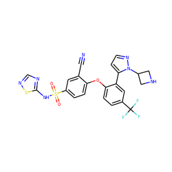 N#Cc1cc(S(=O)(=O)Nc2ncns2)ccc1Oc1ccc(C(F)(F)F)cc1-c1ccnn1C1CNC1 ZINC000095581926
