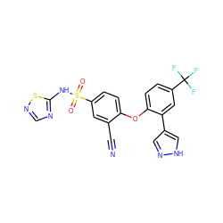 N#Cc1cc(S(=O)(=O)Nc2ncns2)ccc1Oc1ccc(C(F)(F)F)cc1-c1cn[nH]c1 ZINC000095581733