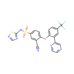 N#Cc1cc(S(=O)(=O)Nc2ncns2)ccc1Oc1ccc(C(F)(F)F)cc1-c1cnccn1 ZINC000095582431
