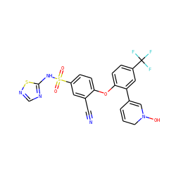 N#Cc1cc(S(=O)(=O)Nc2ncns2)ccc1Oc1ccc(C(F)(F)F)cc1C1=CN(O)CC=C1 ZINC000095581285
