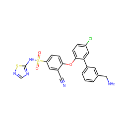 N#Cc1cc(S(=O)(=O)Nc2ncns2)ccc1Oc1ccc(Cl)cc1-c1cccc(CN)c1 ZINC000095581343