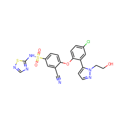 N#Cc1cc(S(=O)(=O)Nc2ncns2)ccc1Oc1ccc(Cl)cc1-c1ccnn1CCO ZINC000095582012