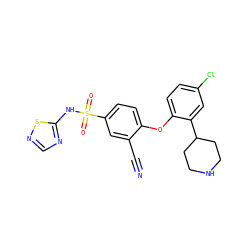 N#Cc1cc(S(=O)(=O)Nc2ncns2)ccc1Oc1ccc(Cl)cc1C1CCNCC1 ZINC000095582585