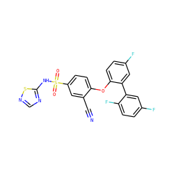 N#Cc1cc(S(=O)(=O)Nc2ncns2)ccc1Oc1ccc(F)cc1-c1cc(F)ccc1F ZINC000095584590