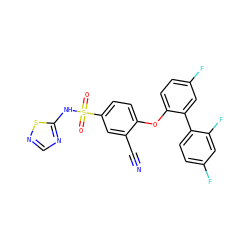 N#Cc1cc(S(=O)(=O)Nc2ncns2)ccc1Oc1ccc(F)cc1-c1ccc(F)cc1F ZINC000095582873