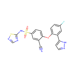 N#Cc1cc(S(=O)(=O)Nc2ncns2)ccc1Oc1ccc(F)cc1-c1ccn[nH]1 ZINC000095585530