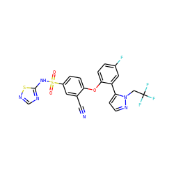 N#Cc1cc(S(=O)(=O)Nc2ncns2)ccc1Oc1ccc(F)cc1-c1ccnn1CC(F)(F)F ZINC000095584205