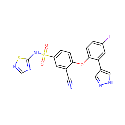 N#Cc1cc(S(=O)(=O)Nc2ncns2)ccc1Oc1ccc(I)cc1-c1cn[nH]c1 ZINC000095585240
