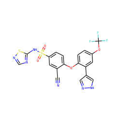 N#Cc1cc(S(=O)(=O)Nc2ncns2)ccc1Oc1ccc(OC(F)(F)F)cc1-c1cn[nH]c1 ZINC000095581351