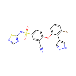N#Cc1cc(S(=O)(=O)Nc2ncns2)ccc1Oc1cccc(Br)c1-c1cn[nH]c1 ZINC000095580875