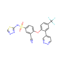 N#Cc1cc(S(=O)(=O)Nc2nncs2)ccc1Oc1ccc(C(F)(F)F)cc1-c1ccnnc1 ZINC000095583727