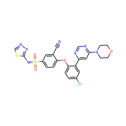 N#Cc1cc(S(=O)(=O)Nc2nncs2)ccc1Oc1ccc(Cl)cc1-c1cc(N2CCOCC2)ncn1 ZINC000095582635