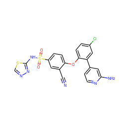 N#Cc1cc(S(=O)(=O)Nc2nncs2)ccc1Oc1ccc(Cl)cc1-c1ccnc(N)c1 ZINC000095583602