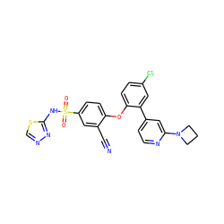 N#Cc1cc(S(=O)(=O)Nc2nncs2)ccc1Oc1ccc(Cl)cc1-c1ccnc(N2CCC2)c1 ZINC000095585769