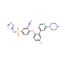 N#Cc1cc(S(=O)(=O)Nc2nncs2)ccc1Oc1ccc(Cl)cc1-c1ccnc(N2CCNCC2)c1 ZINC000095581495