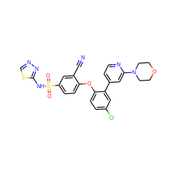 N#Cc1cc(S(=O)(=O)Nc2nncs2)ccc1Oc1ccc(Cl)cc1-c1ccnc(N2CCOCC2)c1 ZINC000095584270