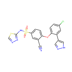 N#Cc1cc(S(=O)(=O)Nc2nncs2)ccc1Oc1ccc(Cl)cc1-c1cn[nH]c1 ZINC000095585444